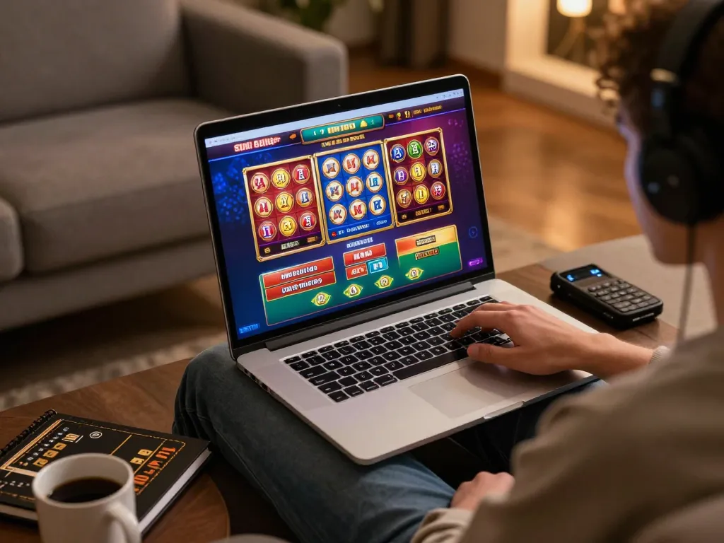 Engaged player using 888New for online casino gaming with vibrant interface and cozy setting
