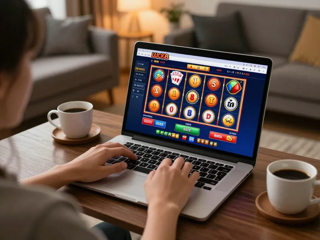 Người chơi tham gia trải nghiệm gameplay casino trực tuyến LUCK8 trên laptop, thể hiện khoảnh khắc chiến lược trong một khung cảnh thoải mái.