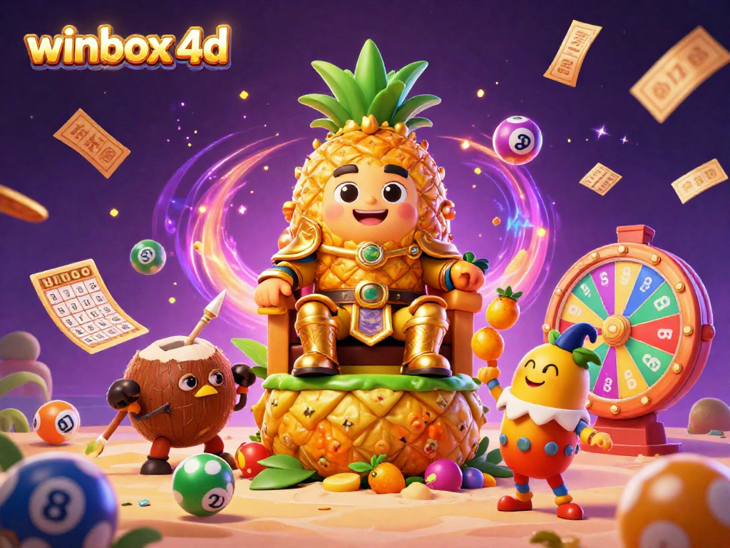 Experience winbox 4d as vibrant lottery balls and golden tickets celebrate in a dynamic beach casino scene.