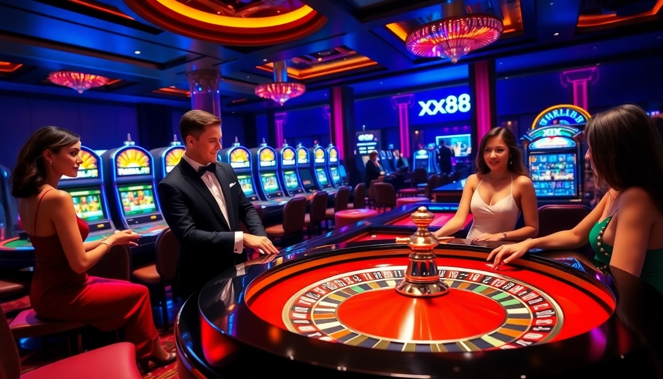 Exciting casino scene at xx88 with players at a roulette table and bright slot machines.