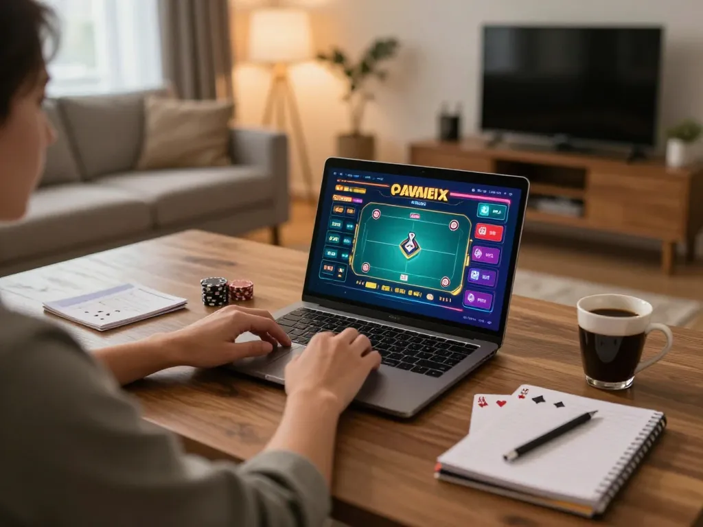 Playing poker on laptop in a cozy living room, showcasing a legit online casino experience.