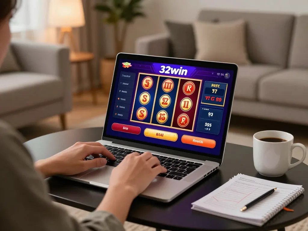 Engage in thrilling 32win casino gameplay from a cozy home setup with vibrant game interface.