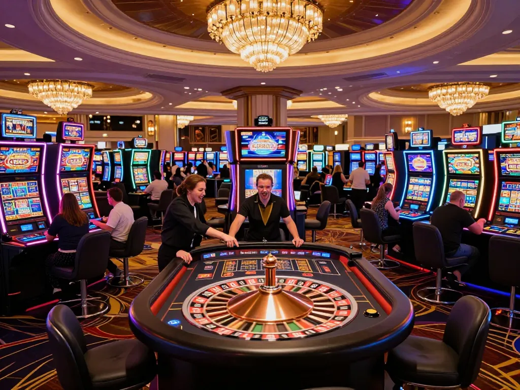 GO8 players spinning the roulette wheel in a bustling upscale casino atmosphere.