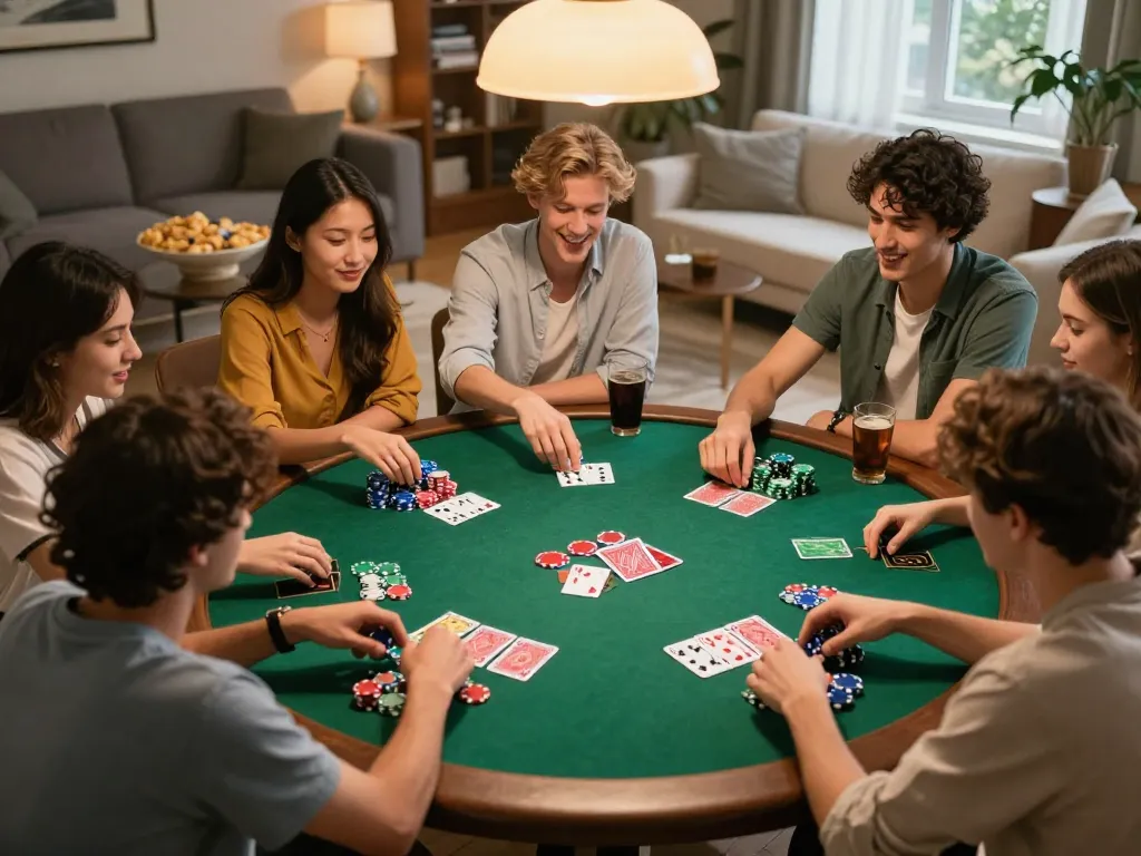 Kuwait scholars enjoy a strategic poker game night with friends, showcasing lively expressions and colorful chips.