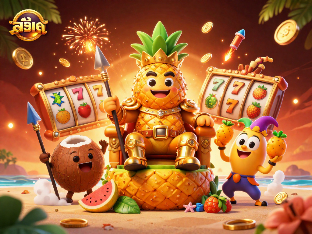 Spin the reels with สล็อต as the golden pineapple king and his royal entourage offer a vibrant casino celebration.