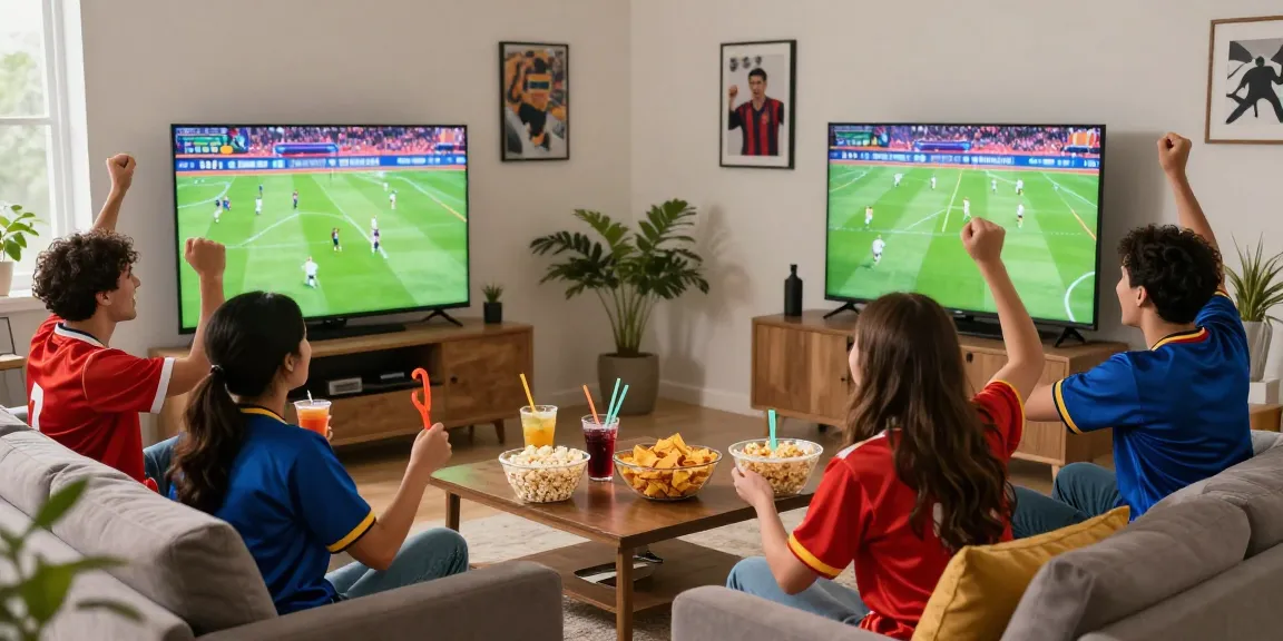 Excited friends watching a live football match, ضغط هنا للمشاهدة featured on a large screen, vibrant living room atmosphere.