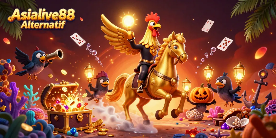 Engage with the vibrant Asialive88 Alternatif casino adventure featuring a golden rooster and gaming treasures.