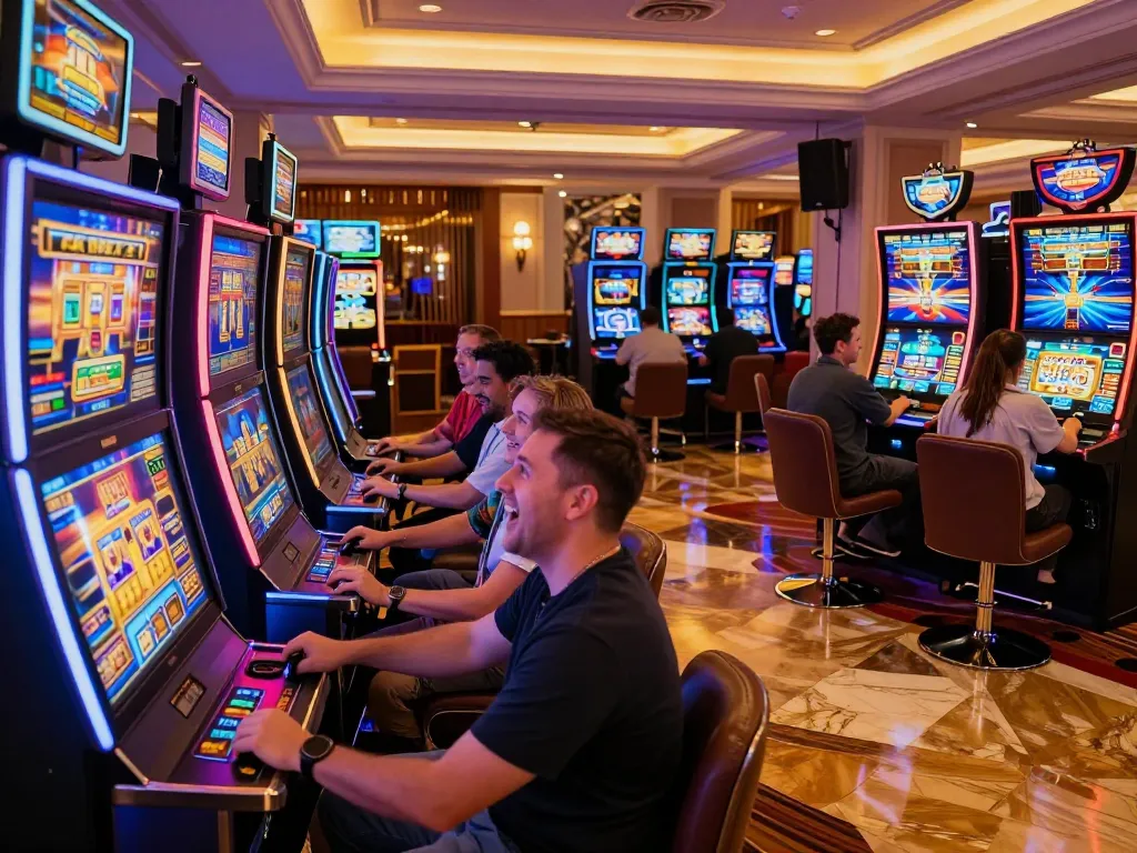 Players enjoying slot machines at a casino, experiencing gaming excitement with tx88 themed slots in vibrant illuminations.