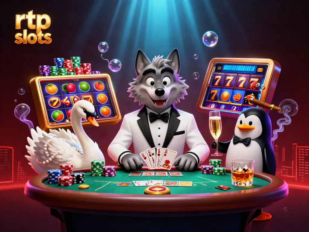 Engaging scene showcasing rtp slots with a debonair wolf, elegant swan, and sophisticated penguin in a vibrant casino setting.