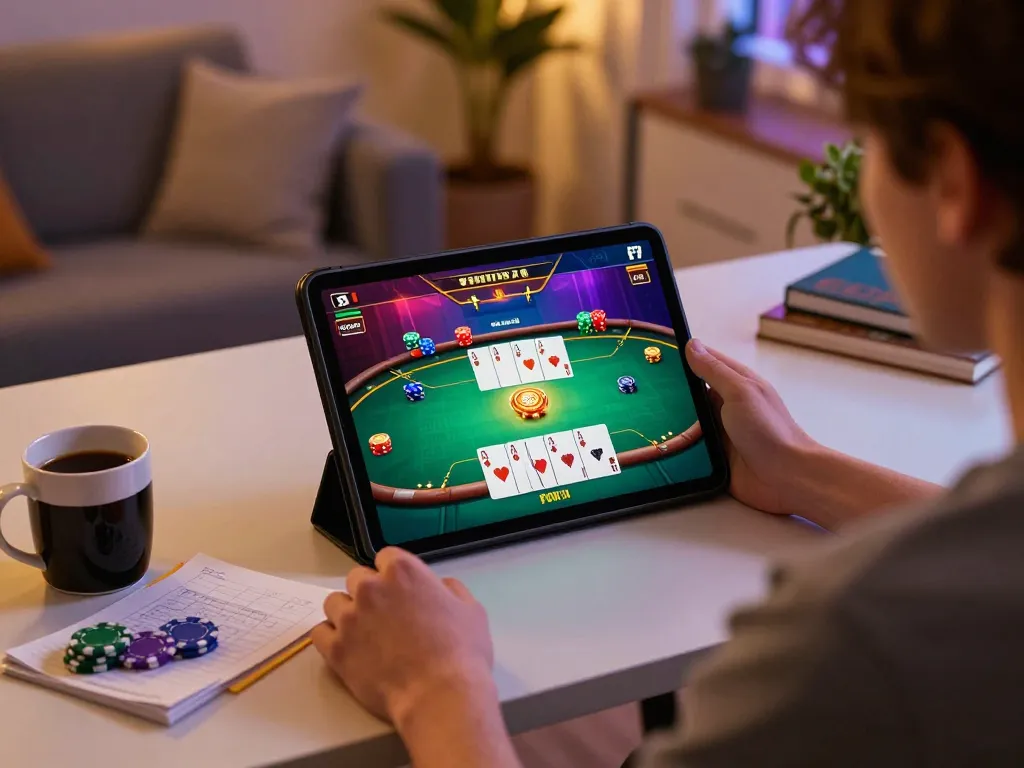 Engaged player using go99com to enjoy dynamic online poker gameplay on a tablet while analyzing strategy notes