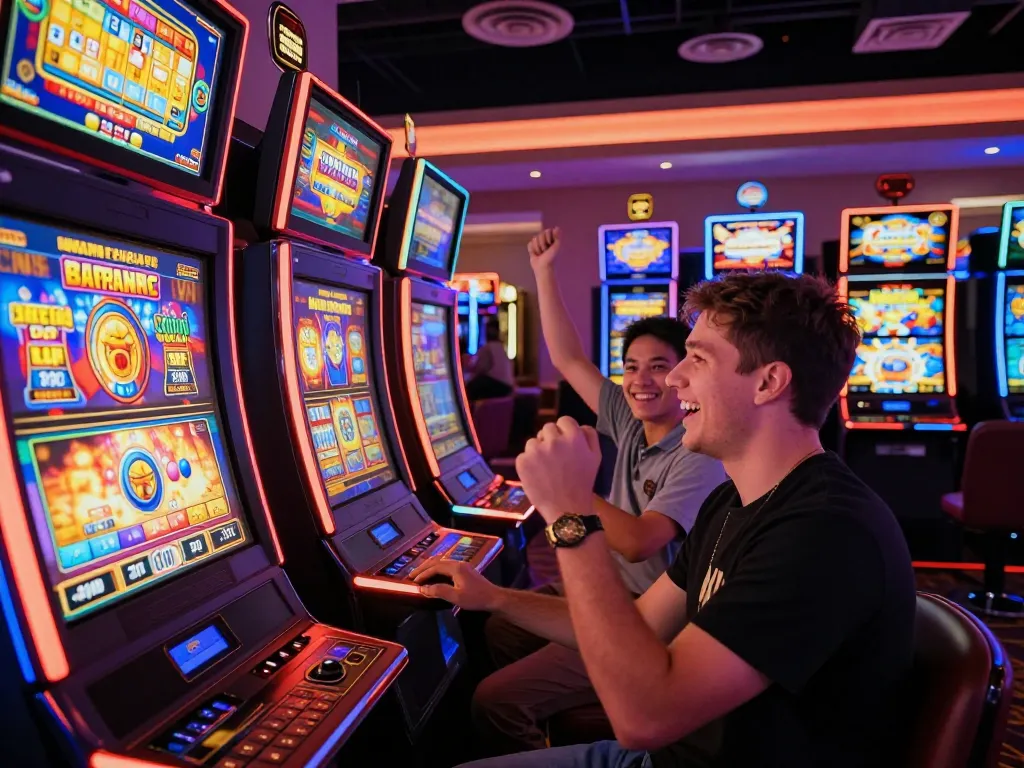Players winning at Pragmatic Slot machines in a vibrant casino atmosphere with colorful displays.