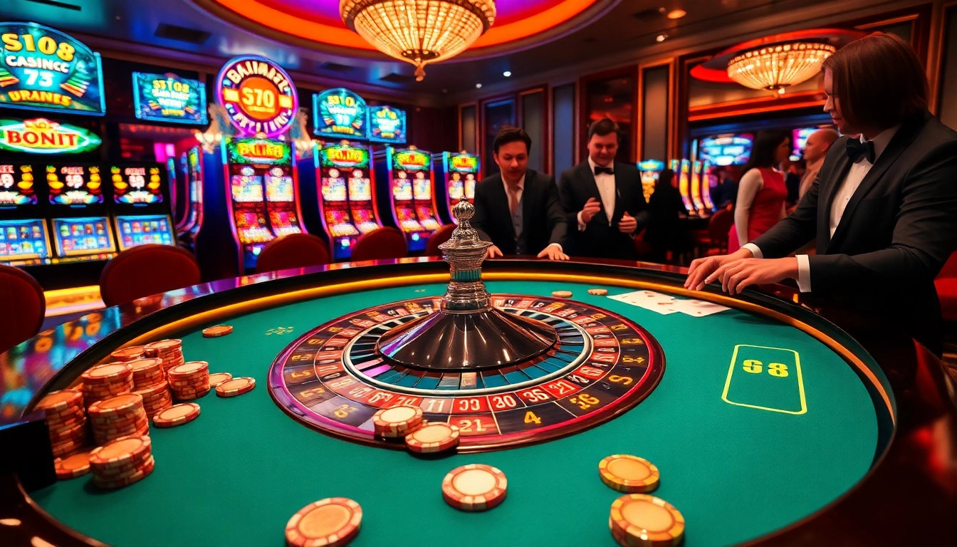 Engaging casino scene showcasing GO8-themed roulette gameplay with vibrant lights and excitement.