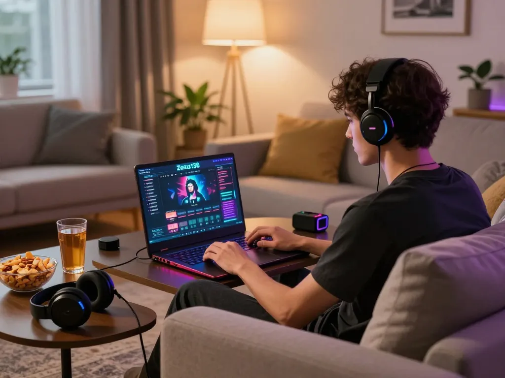 Engaged player enjoying zeus138 online gaming experience in a cozy living room with snacks and vibrant lights.