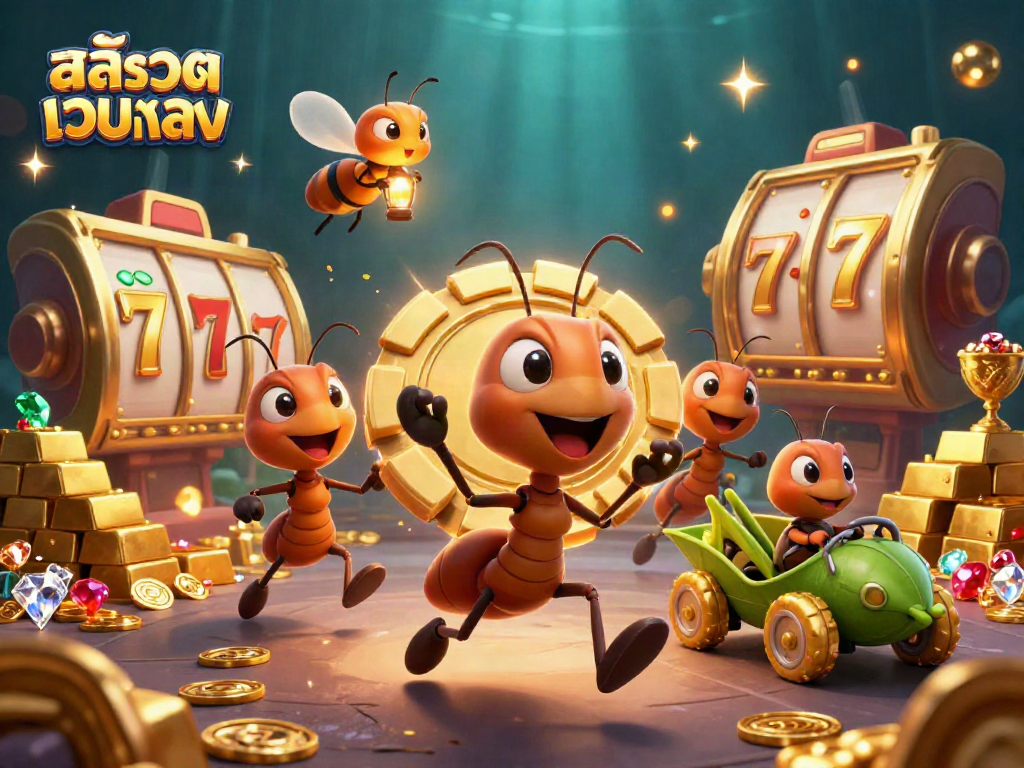 Engage with สล็อตเว็บตรง in this lively scene of ants heisting a giant poker chip amidst dynamic casino elements.