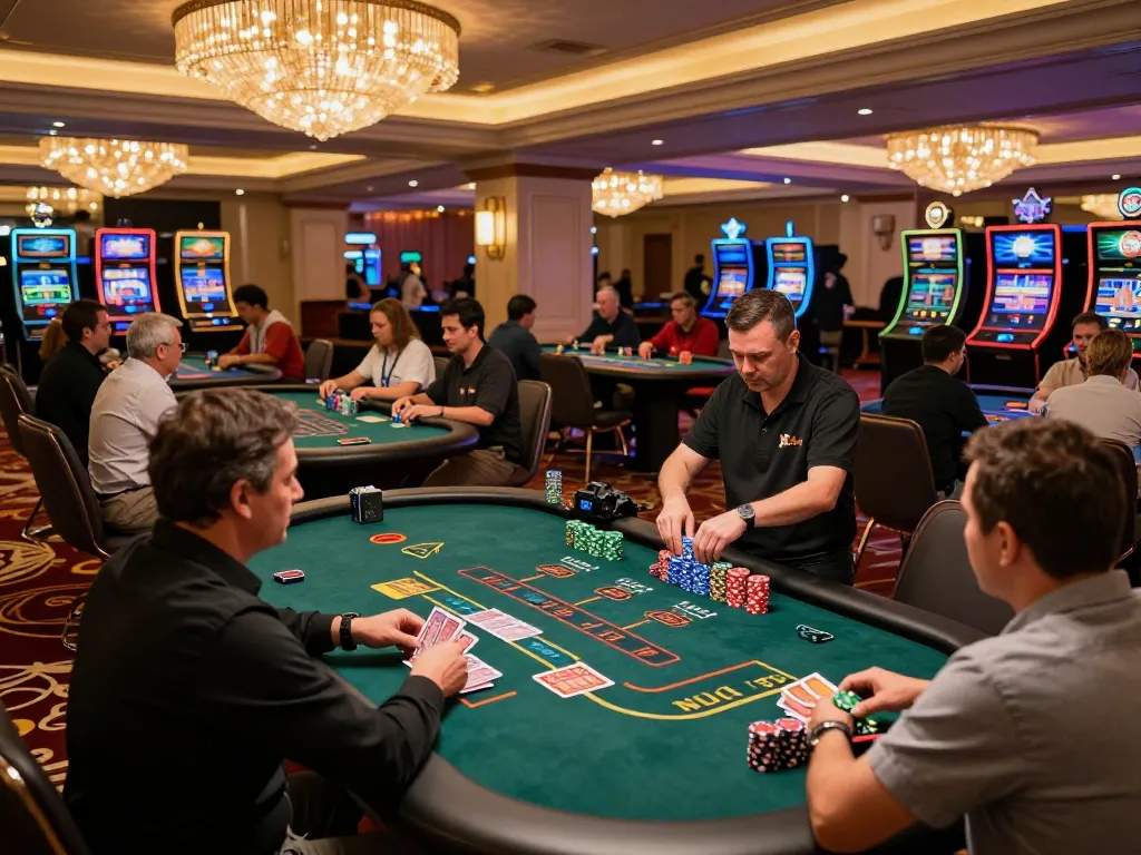 Players engaging in a thrilling blackjack game at 9bet casino, strategic betting in action with vibrant atmosphere
