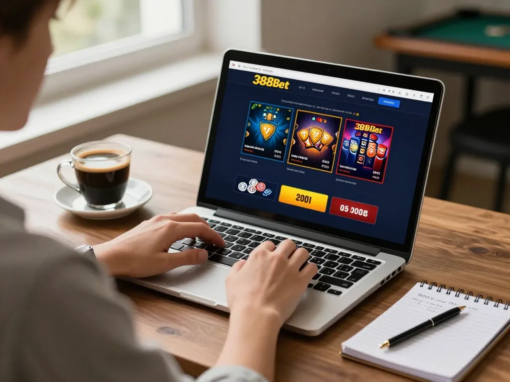 Engaging online gaming session with 388bet interface displaying poker and slots at home.