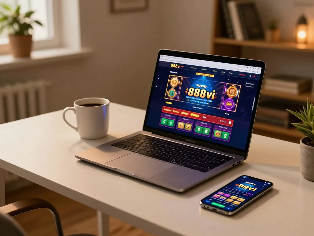 Engaging online gaming scene showcasing 888vi casino on laptop with strategic gameplay and comfortable atmosphere