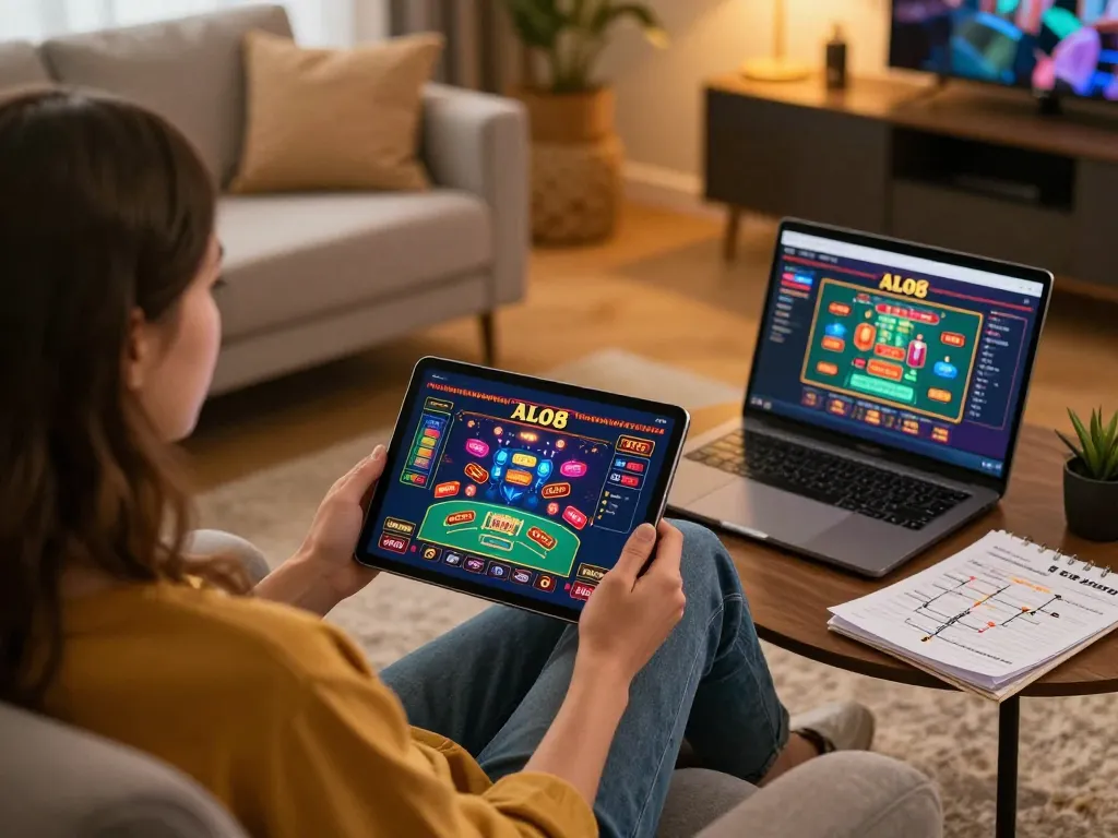 Player engaging with ALO8 casino app on tablet, showcasing a cozy gaming atmosphere.