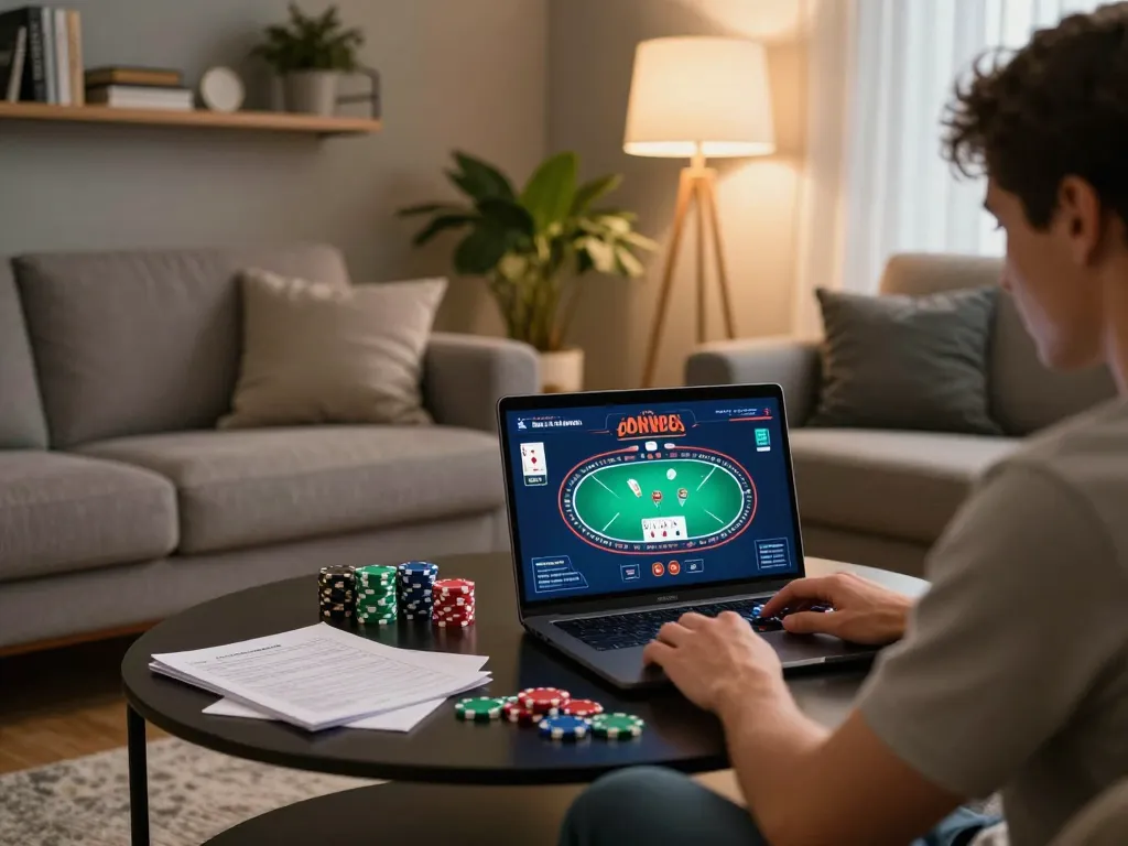 Bong99 player engaging in online poker from home setup with chips and strategy notes.