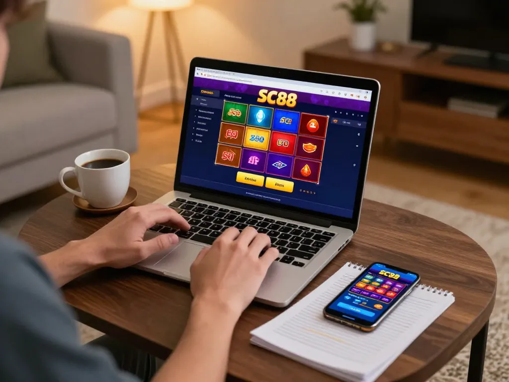 Enjoying a thrilling SC88 online casino experience from home, combining comfort with gaming strategy