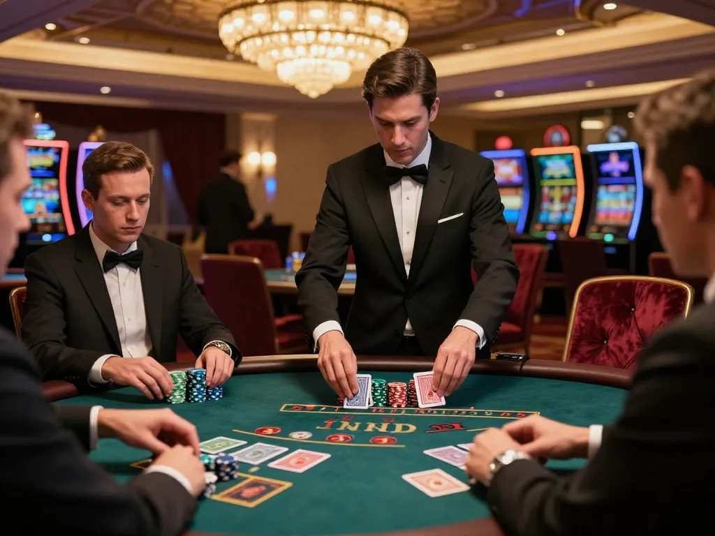 Players engaging in intense blackjack gameplay at vipwin casino, dealer shuffling cards with a luxurious atmosphere