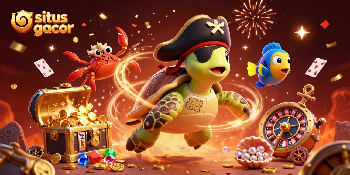 Experience exciting gameplay with situs gacor, featuring a lively pirate turtle and friends amidst vibrant treasures.