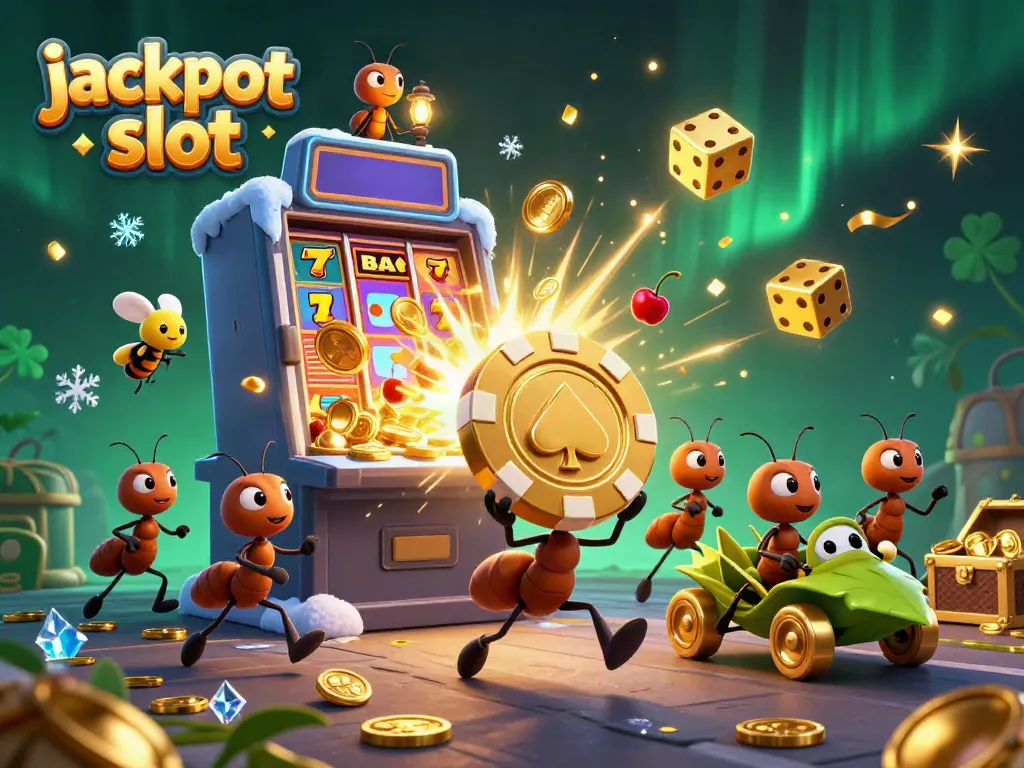 Experience the thrill of jackpot slots with a whimsical heist scene featuring ants, a firefly, and a grasshopper.