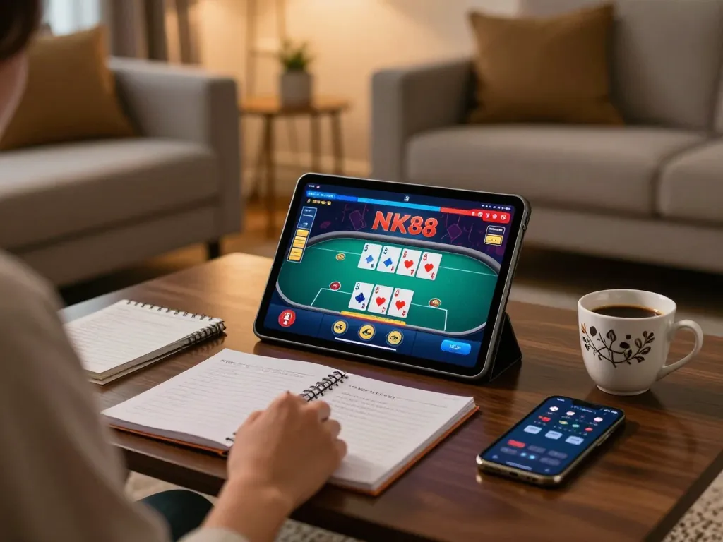 NK88 online gaming scene with a focused player using a tablet in a stylish living room.