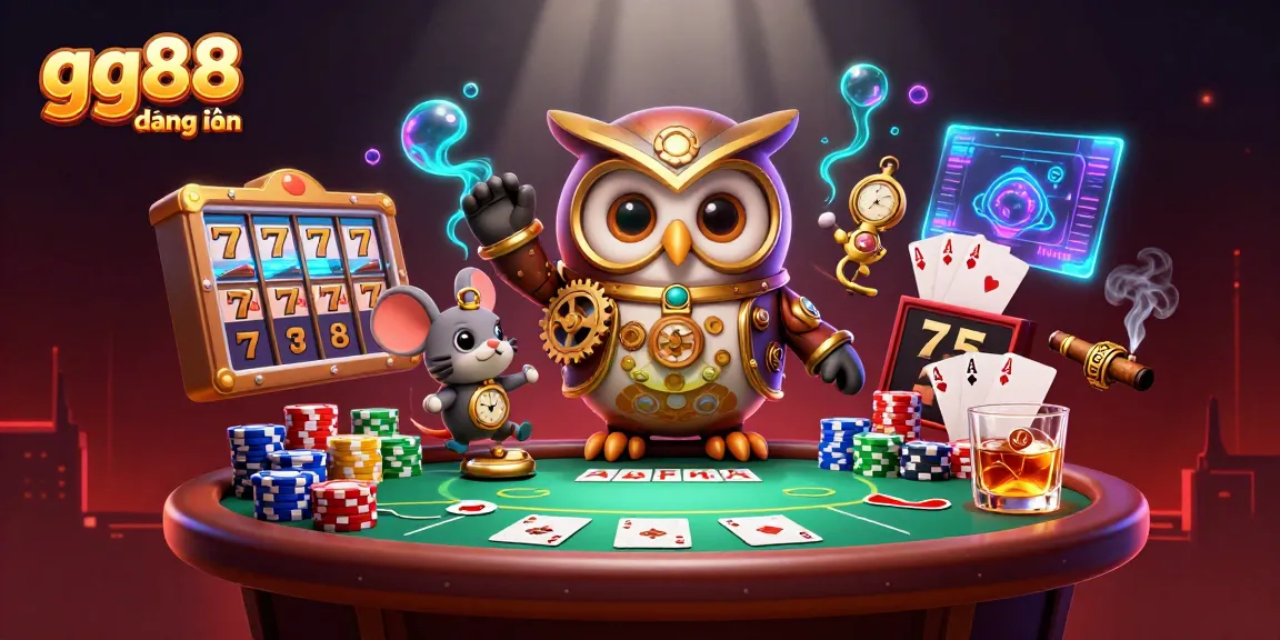 Win big with gg88 đăng nhập, featuring a time-traveler owl and a clockwork mouse in a vibrant casino.