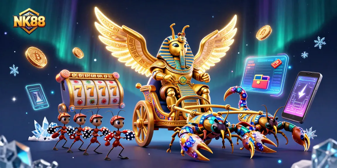 Win big at NK88 with a vibrant illustration featuring a golden scarab, jackpots, and crypto elements.