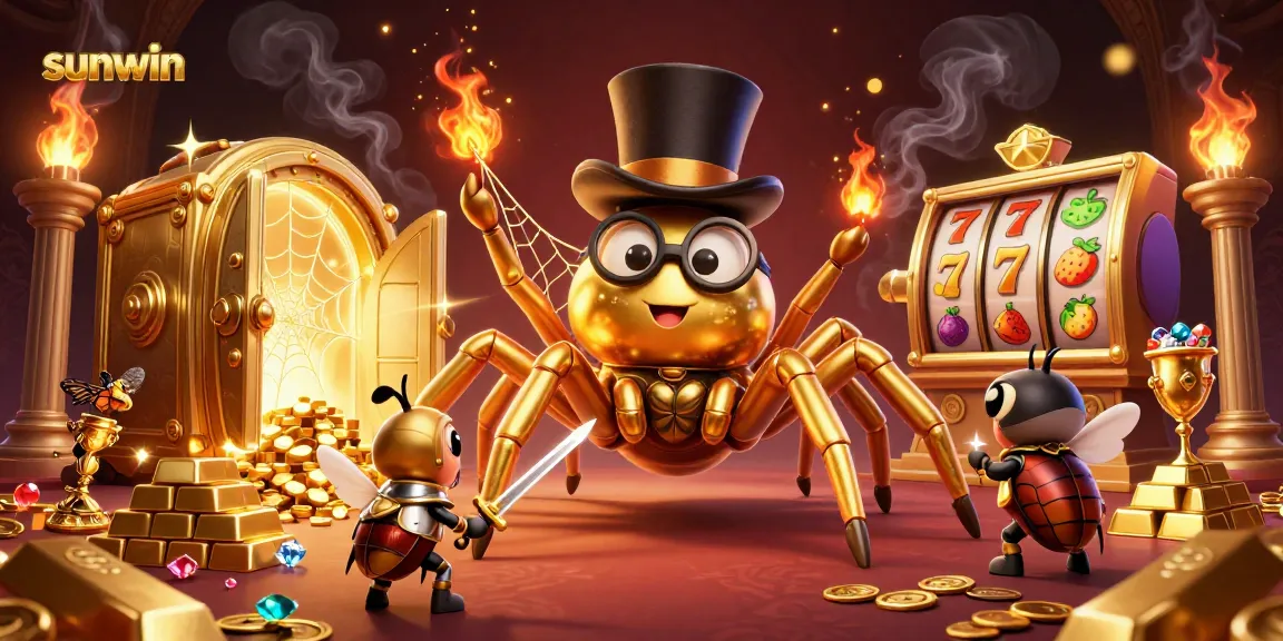 Engage with sunwin's enchanting casino world, illustrated in a vibrant 3D scene filled with gold treasures.