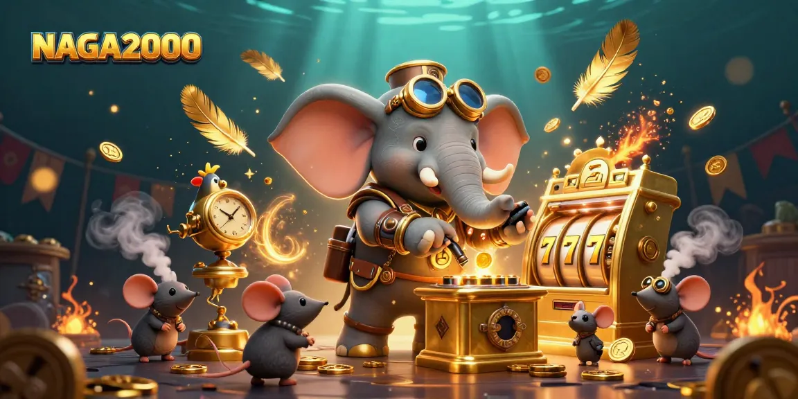 NAGA2000 menghadirkan aksi slot yang mendebarkan dengan insinyur gajah steampunk di mesin slot emas, dikelilingi oleh kegembiraan.