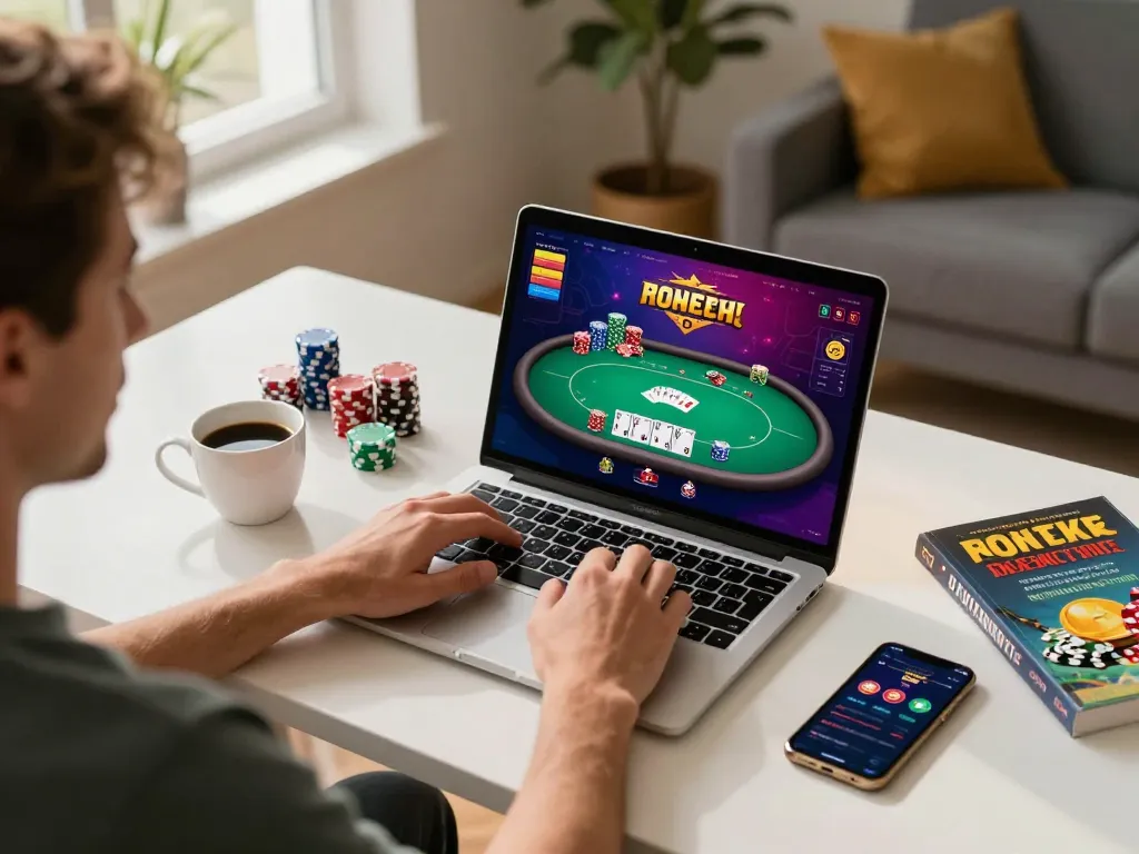 Engaging player using online casino app for sunwin poker gaming at home, showcasing strategic gameplay.