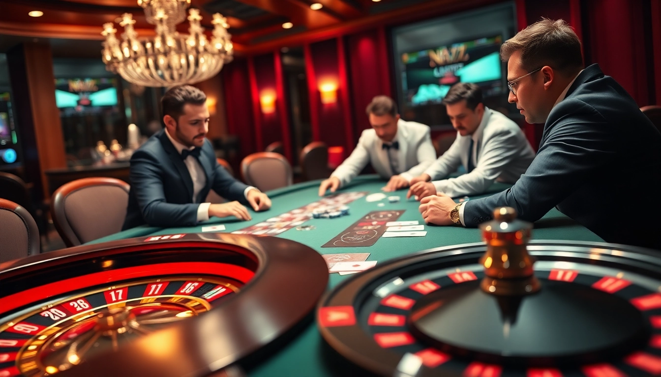 Players engaging at a vibrant NA777 casino table with poker chips and cards.