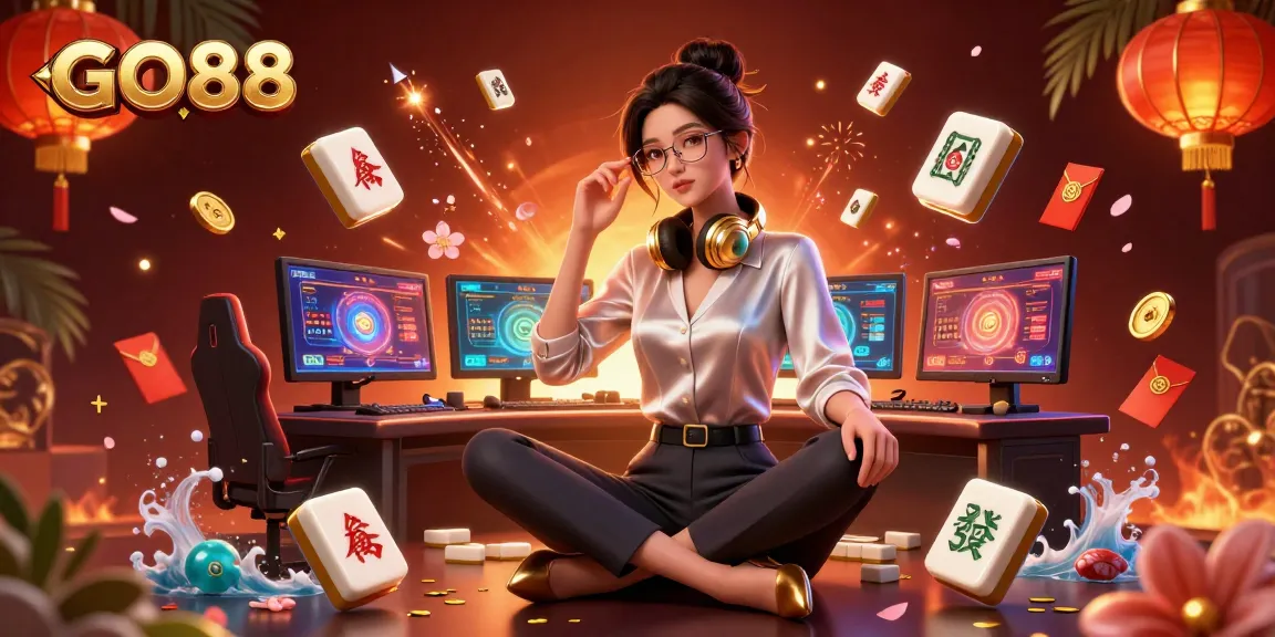 Experience GO88 with a dynamic Asian woman at a high-tech gaming setup surrounded by vibrant casino elements.