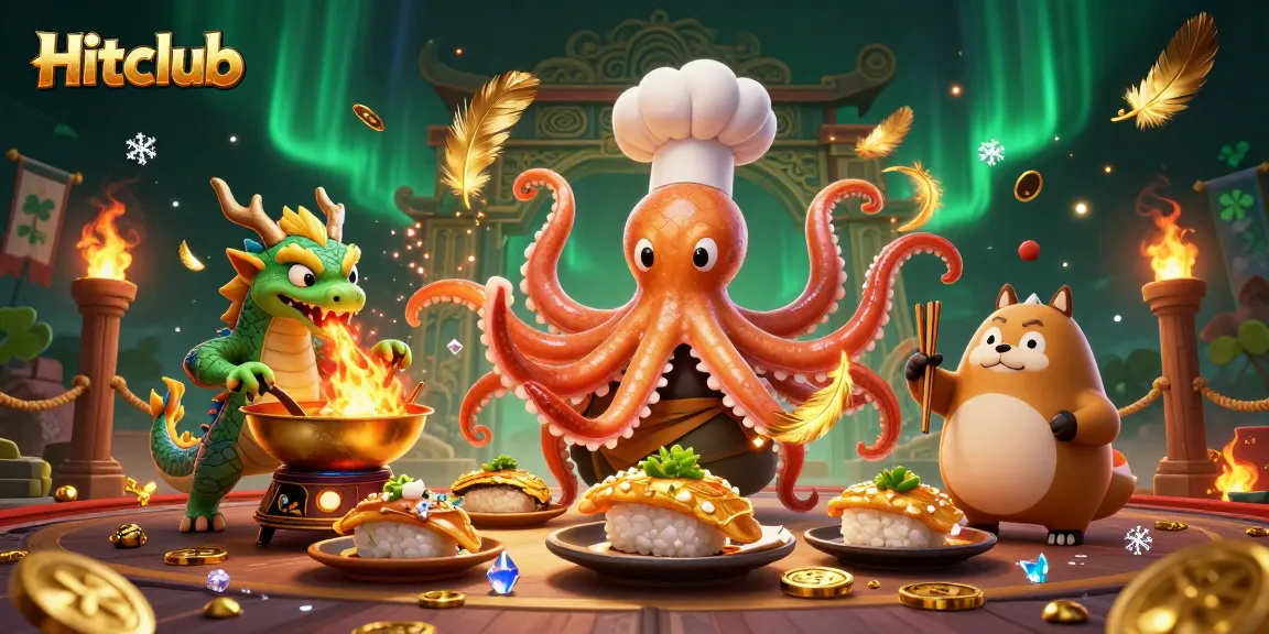 Engage with Hitclub's thrilling gaming experience through a vibrant illustration of a sushi chef octopus, a dragon, and a tanuki.