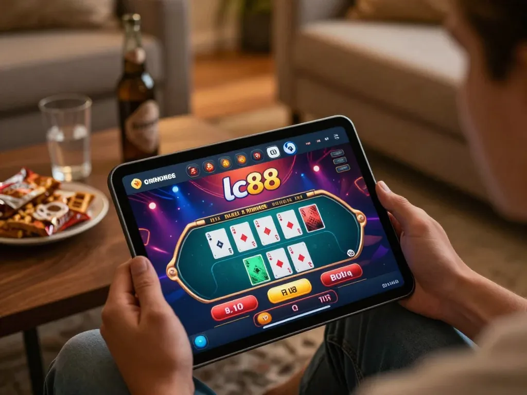 Engaging gameplay on a lc88 tablet in a cozy home setting highlights online gambling excitement
