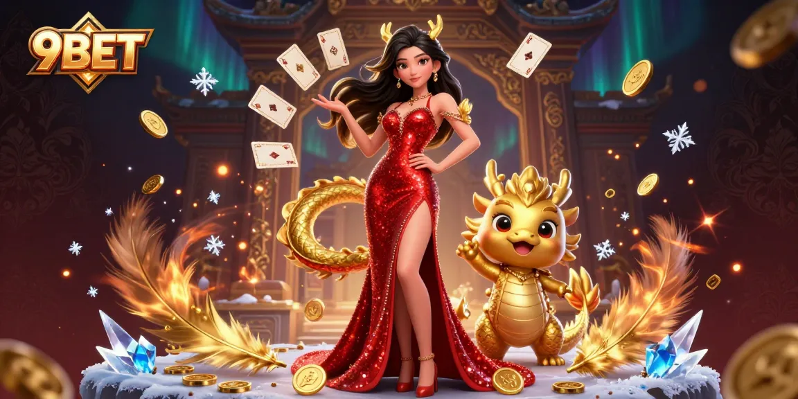 Engage with thrilling gaming at 9BET featuring a glamorous Asian woman and a dragon mascot.