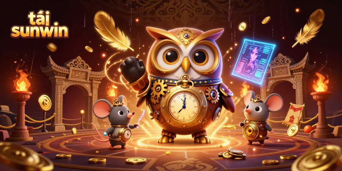 Tải sunwin at an immersive casino event featuring a time-traveling owl amid gold coins and vibrant elements.