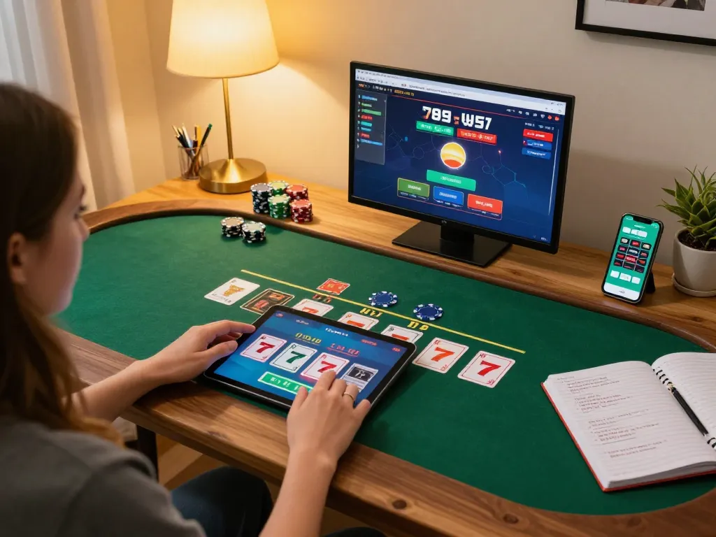 Engaging moment of playing 789 live dealer blackjack on a tablet in a cozy home