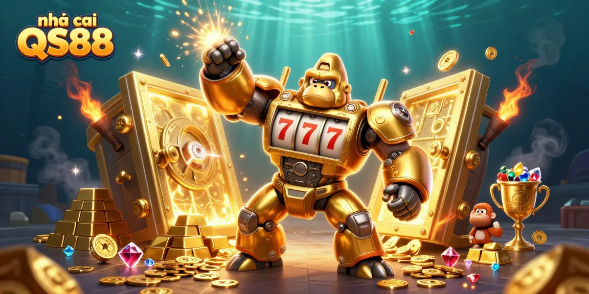 Experience the excitement with nhà cái QS88 in a vibrant casino scene, showcasing flashy golden elements and joy.