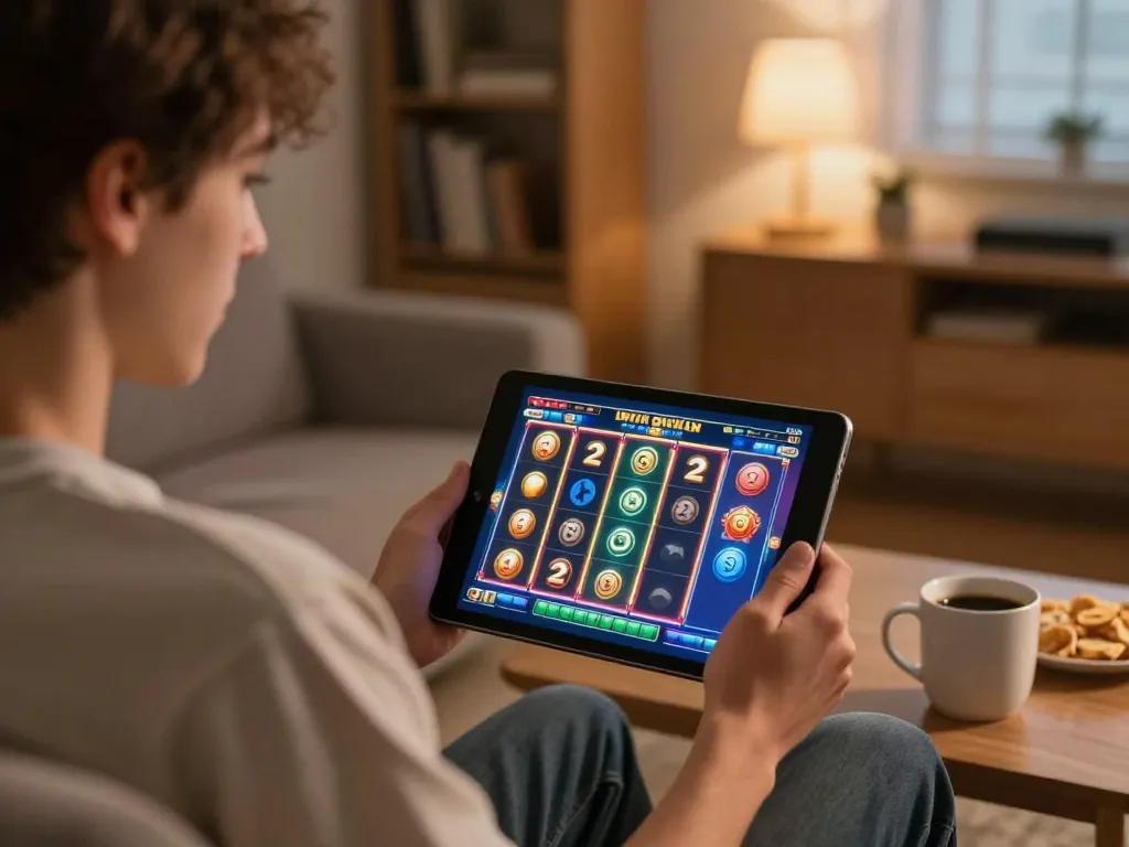 Iwin player enjoying immersive online slot game experience at home, filled with excitement and strategic focus.