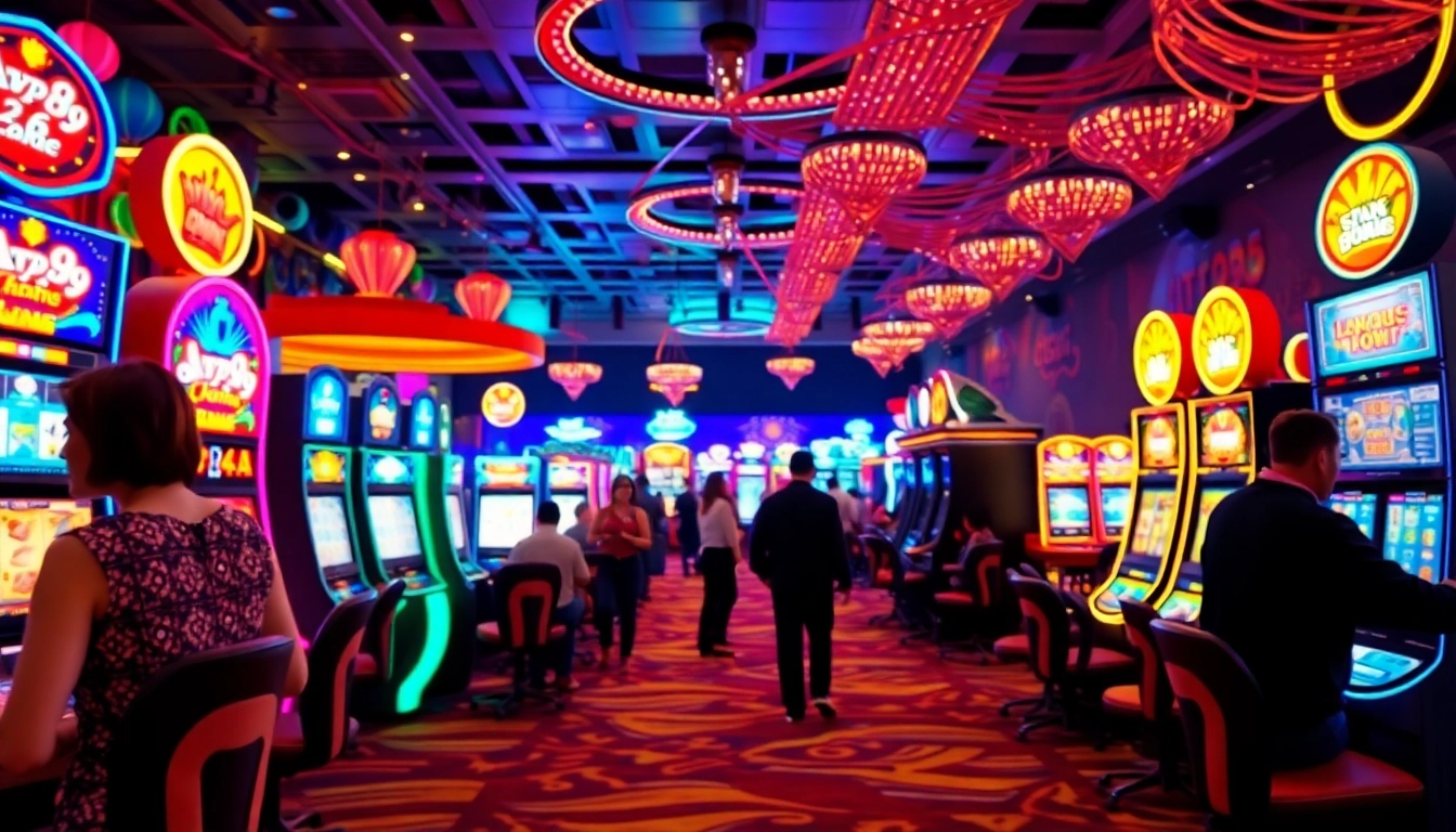 Experience the joy of gaming at AT99娛樂城 with vibrant players and dynamic lights.