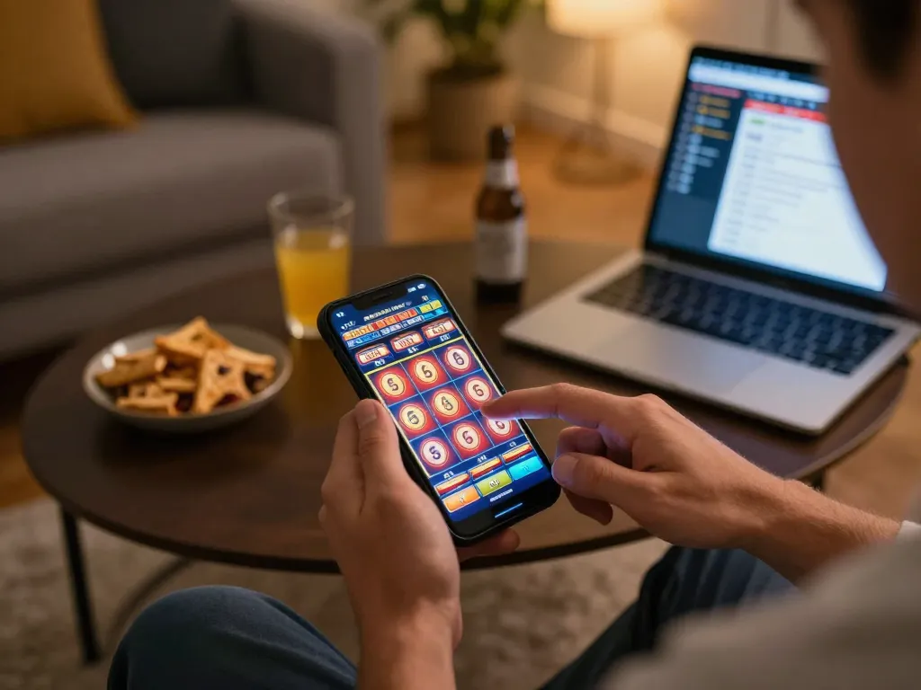 Player engaged in an online casino game using a mobile app at home, showcasing fly88mb gaming experience.