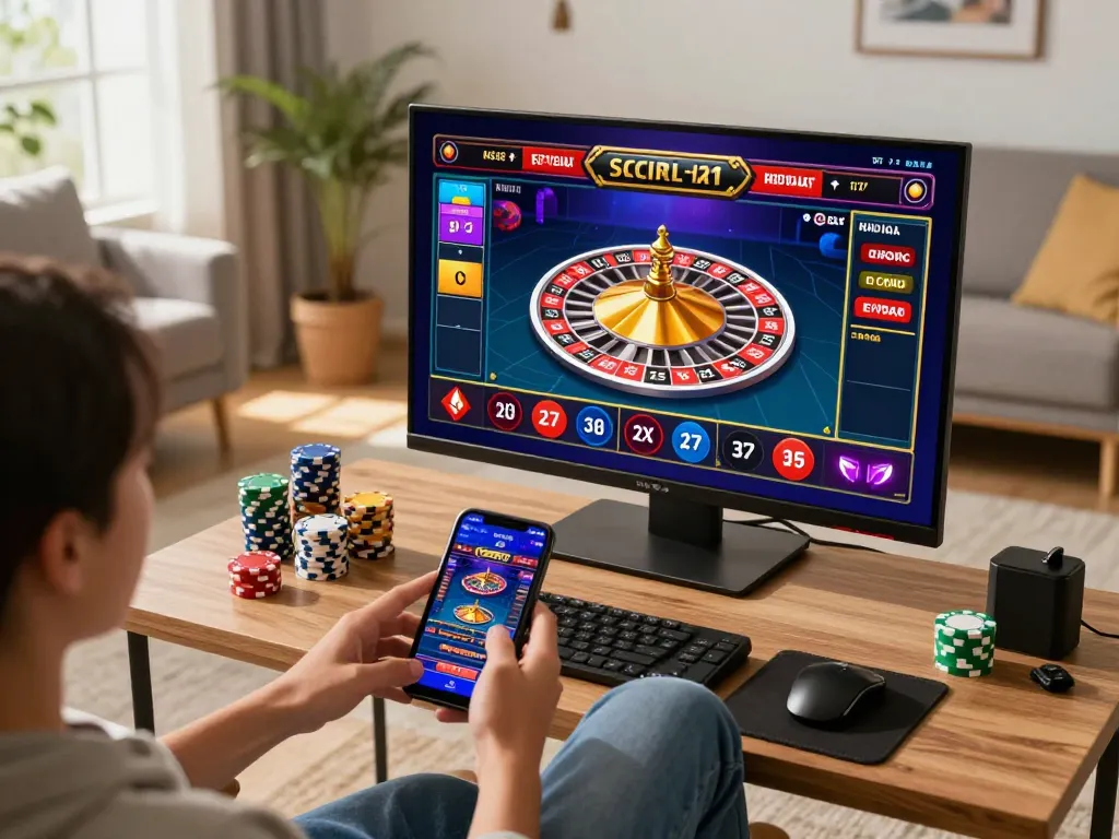 Player enjoying KJC roulette game on a mobile app in a cozy living room setting.