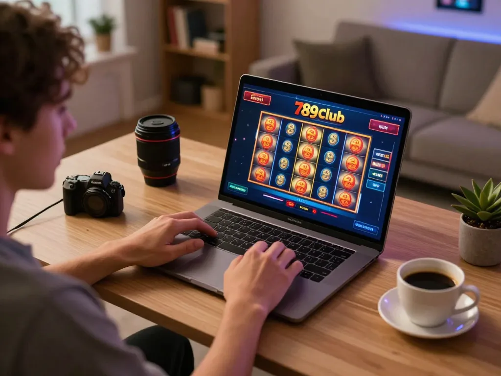 Engaging with 789 club online slots, showcasing a vibrant gaming setup and responsible gambling.