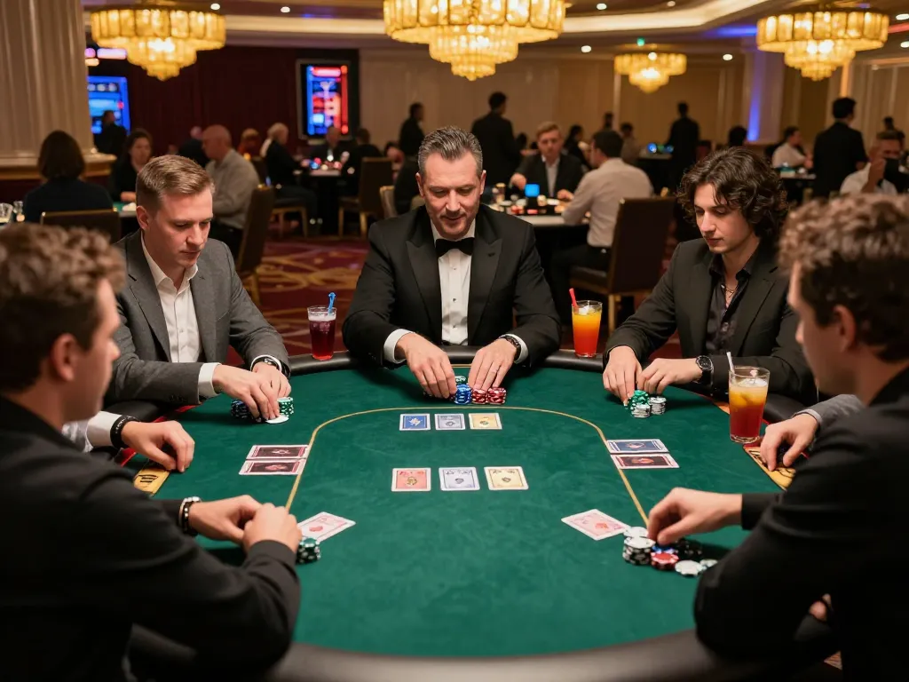 Players strategizing at a high-stakes poker game table at rr88 com, showcasing competitive gambling atmosphere.