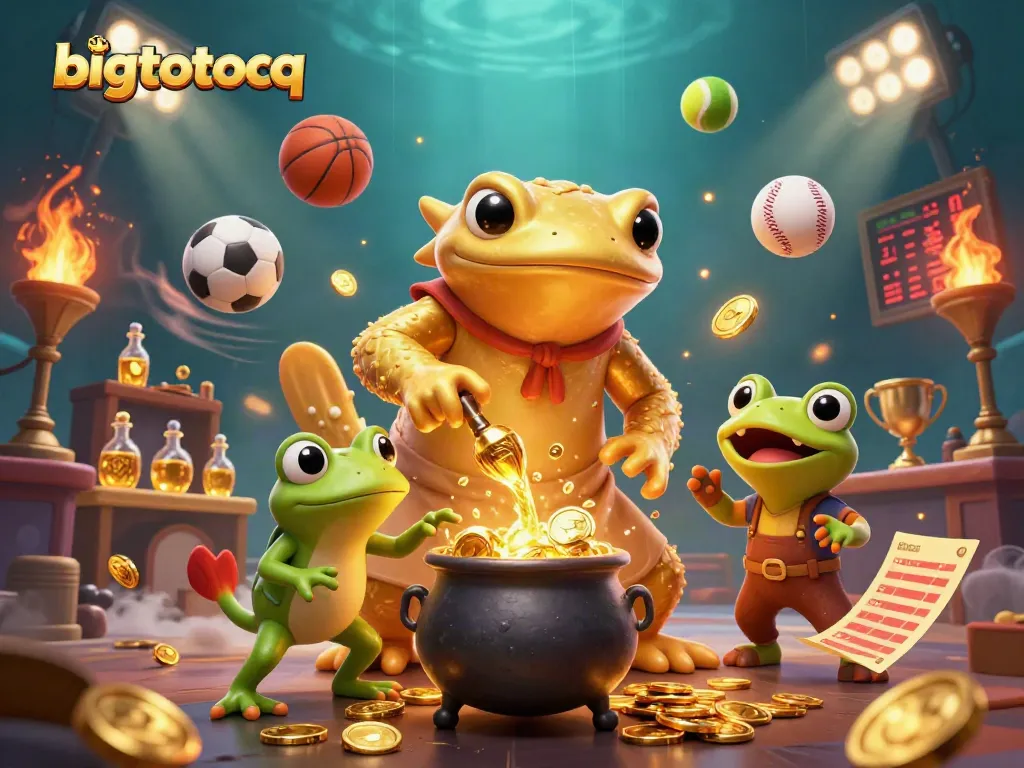 Bettors explore bigtotoqq's vibrant casino world with golden coins and sports elements in motion.