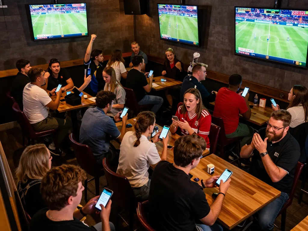 Fans passionately betting on games at a sports bar, experiencing sun win excitement