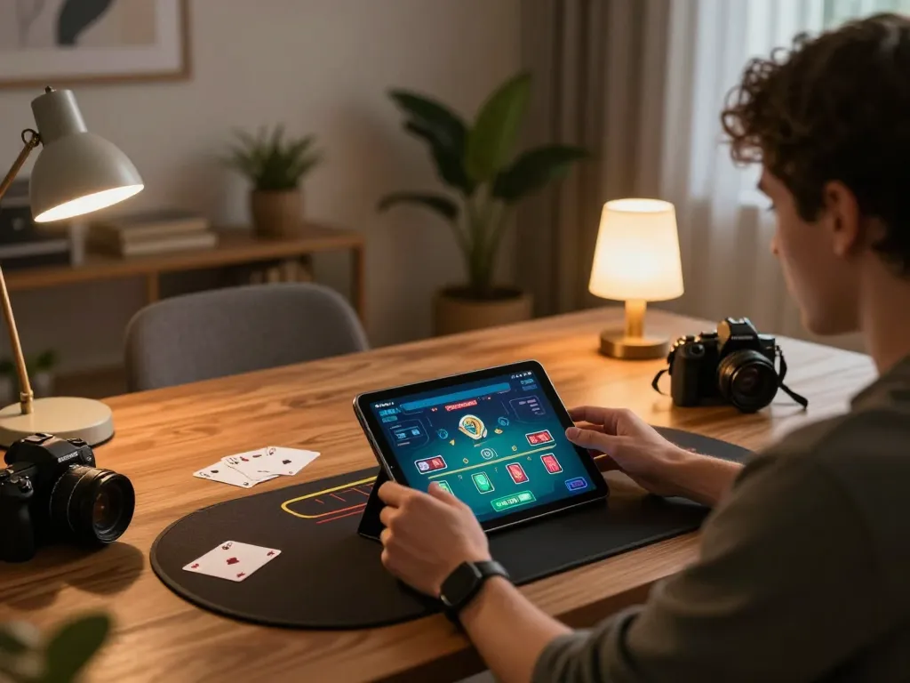 Play blackjack on mm 88 with a cozy home gaming setup showcasing tablet interface and warm lighting.